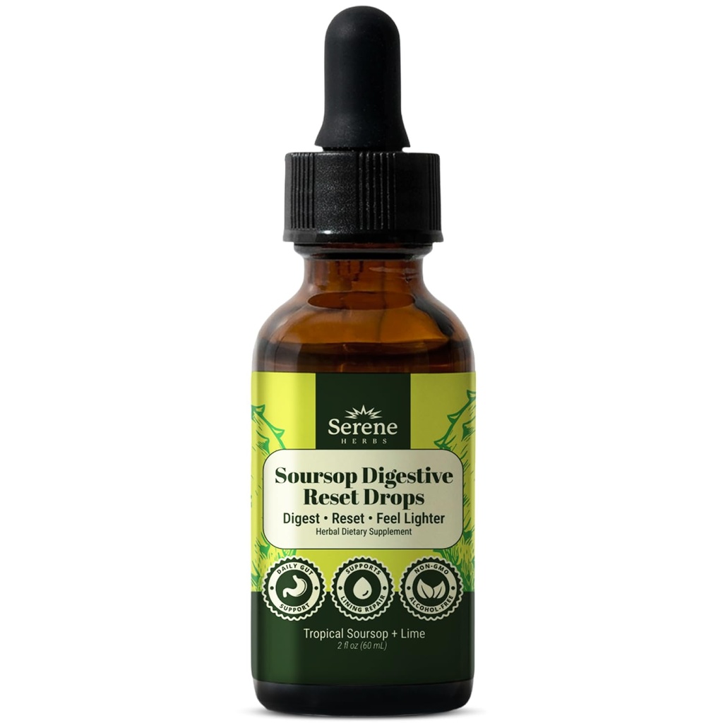 Serene Herbs Soursop Digestive Reset Drops 2 fl oz – Tropical Soursop & Lime Liquid Supplement – Supports Digestion