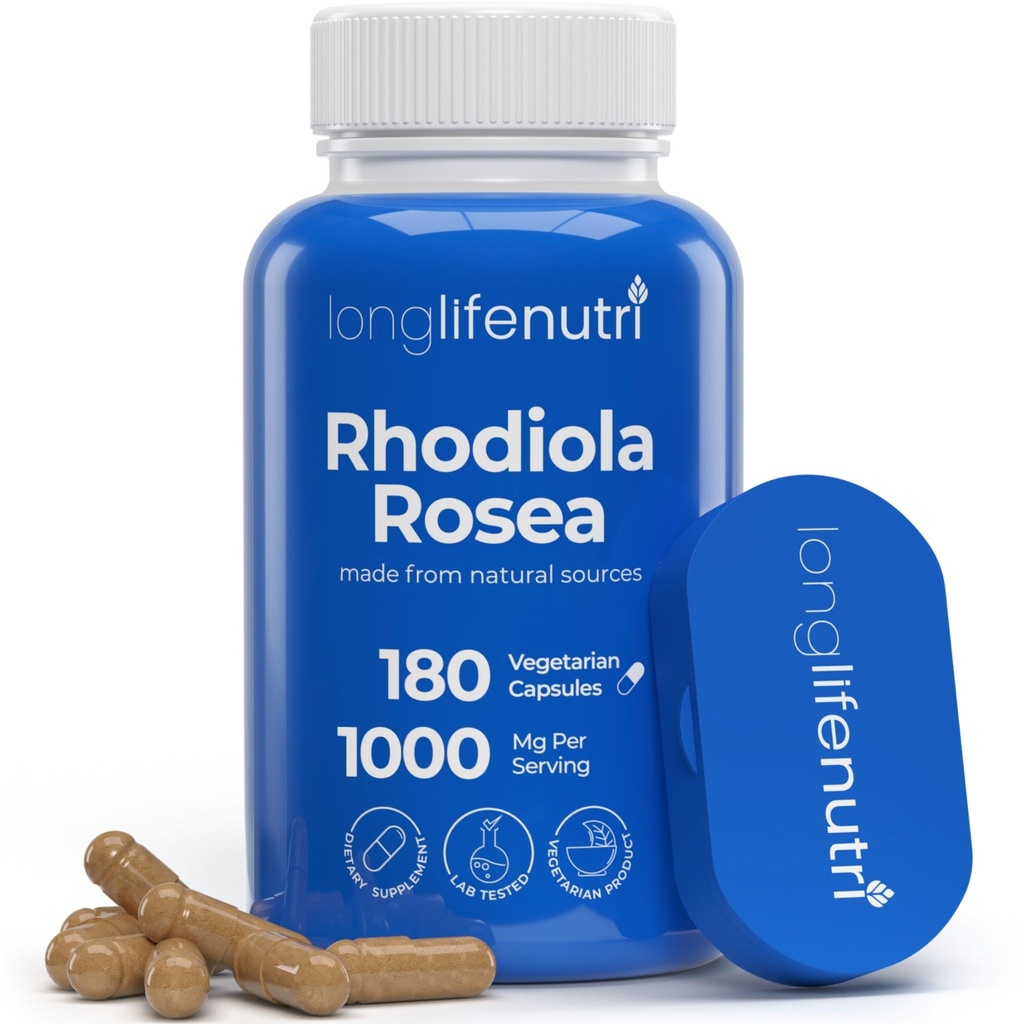 LongLifeNutri Rhodiola Rosea 1000mg - 180 Vegetarian Capsules for Mental & Physical Health, Non-GMO, 3-Month Supply, Naturally Sourced & Laboratory Tested, Made in USA - Daily Wellness Supplement