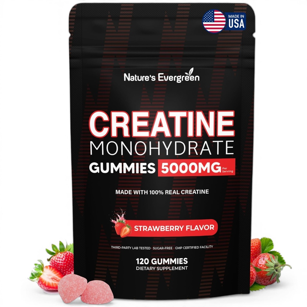 Creatine Monohydrate 5000mg Gummies, Pre-Workout 5g Creatine Gummy Supplement for Men & Women: Muscle Builder & Energy Boost, Sugar Free, Vegan, Strawberry Flavor, (120 Count) Made in USA