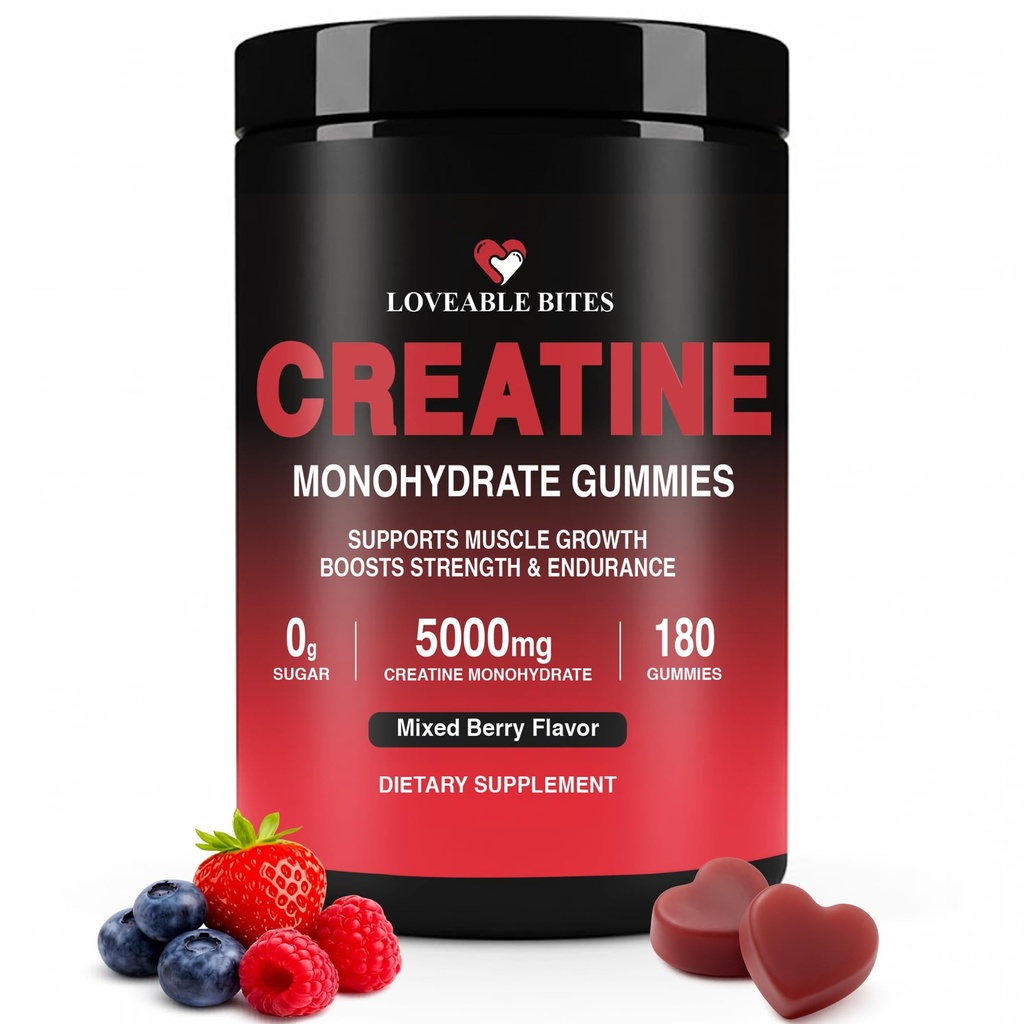 Loveable Bites Creatine Monohydrate Gummies – 5000mg Creatine Gummies for Men & Women | Supports Muscle Strength, Endurance, Energy & Recovery | Sugar-Free, Vegan, Mixed Berry Flavor, 180 Count