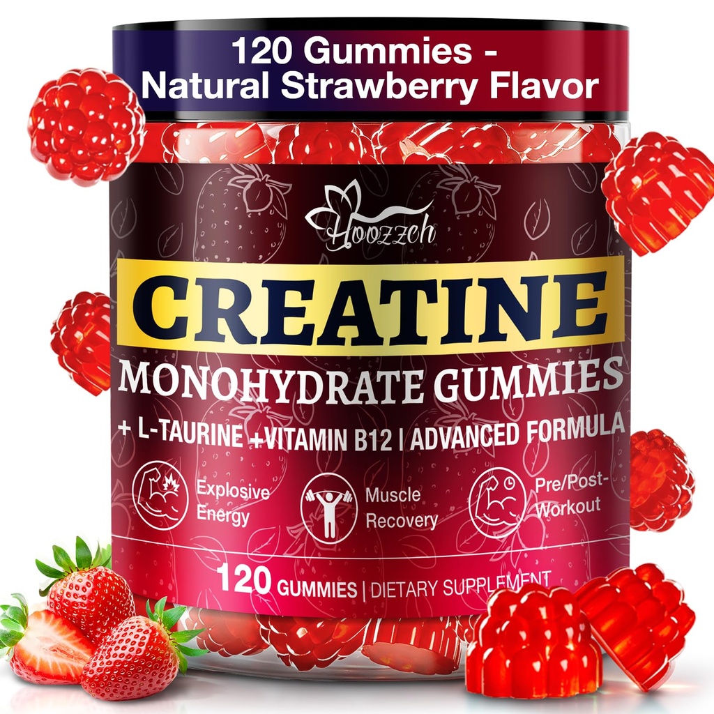 Creatine Gummies for Men & Women, Creatine Monohydrate Gummies, 5g Creatine per Serving, Gluten Free, Vegan Friendly, Strawberry Flavor, 120 Count