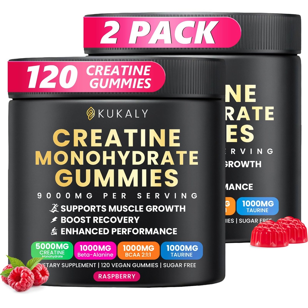 KUKALY Creatine Monohydrate Gummies for Men & Women, Creatine Gummies Sugar Free with L-Taurine, BCAA 2:1, B12 B6 for Boost Strength, Focus & Endurance, Vegan, Non-GMO, Raspberry 120*2 Bottle