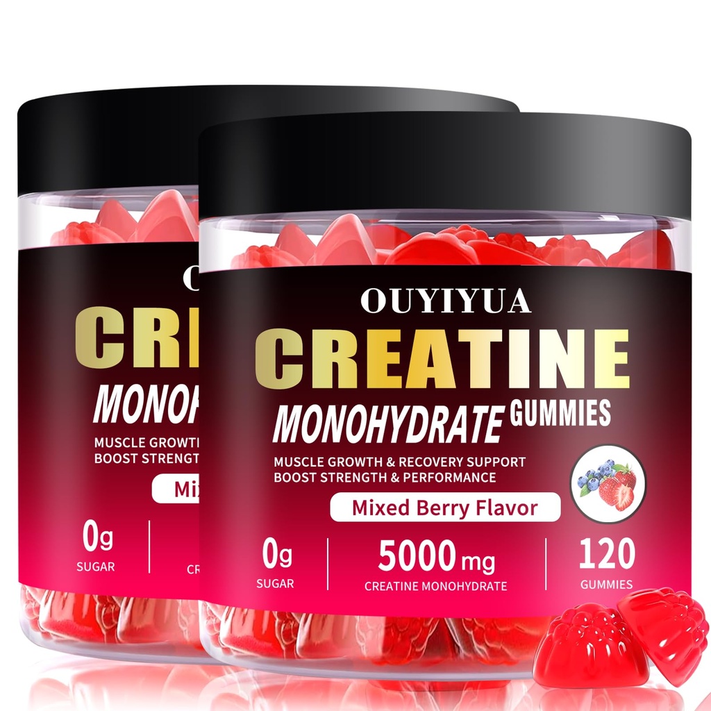 Creatine Monohydrate Gummies 5000mg for Men & Women - Sugar Free Pre-Workout Supplement, Chewables for Muscle Strength, Muscle Builder, Energy Boost, Mixed Berry Flavor, 120 Count (2 Pack)