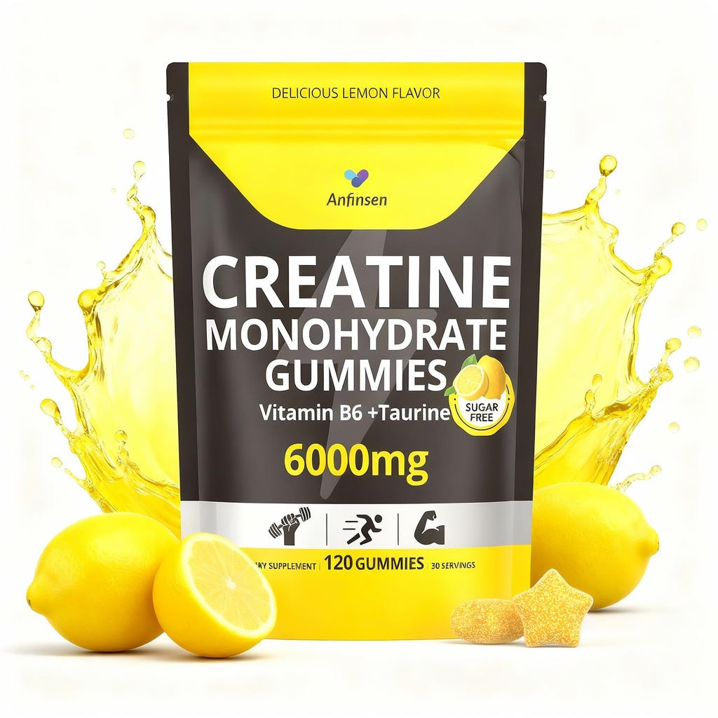 Sugar-Free Creatine Gummies 6000mg - Creatine Supplement for Women and Men with Vitamin B6 & Taurine, Flexible Dosing for Active Wellness, Vegan, Gluten-Free, Lemon Flavor, 120 Gummies