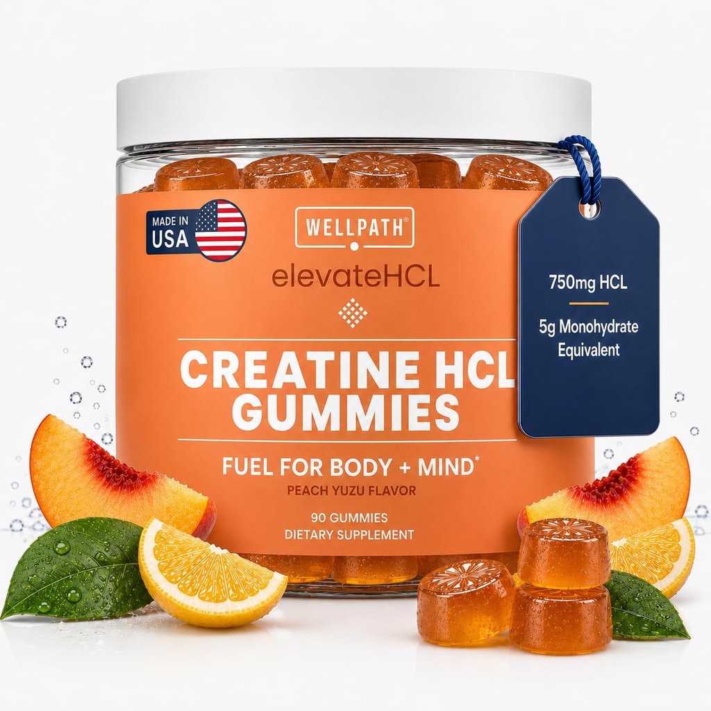 WellPath Creatine HCl Gummies 750mg – Sour Creatine Gummies for Women and Men 5g Monohydrate Equivalent - Peach Yuzu Tart Flavor - Cognitive & Performance Support – Non-GMO, 90ct