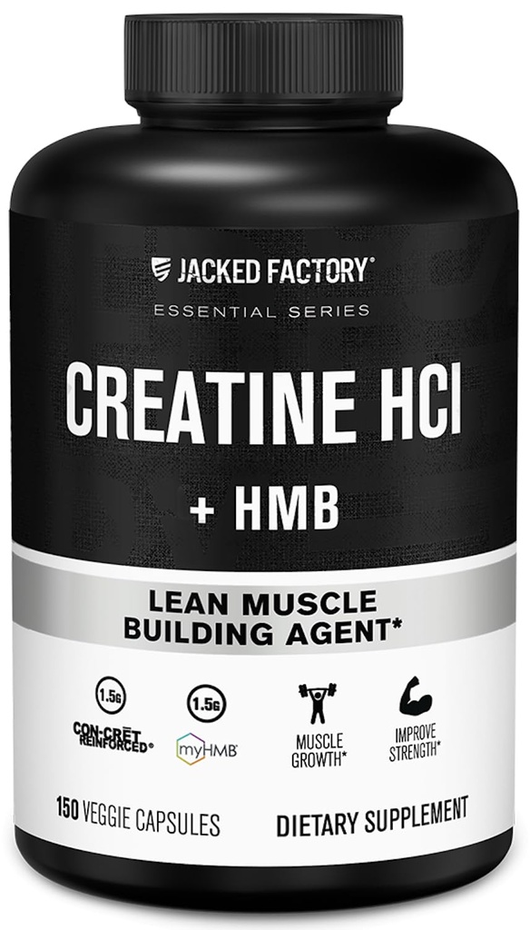 Ge Jacked Factory Creatine HCL + HMB Capsules - synergistische CON-CRET, myHMB, & vitamine D Formule voor verbeterde groei, sterkte, & verminderde spierafbraak - 150 capsules
