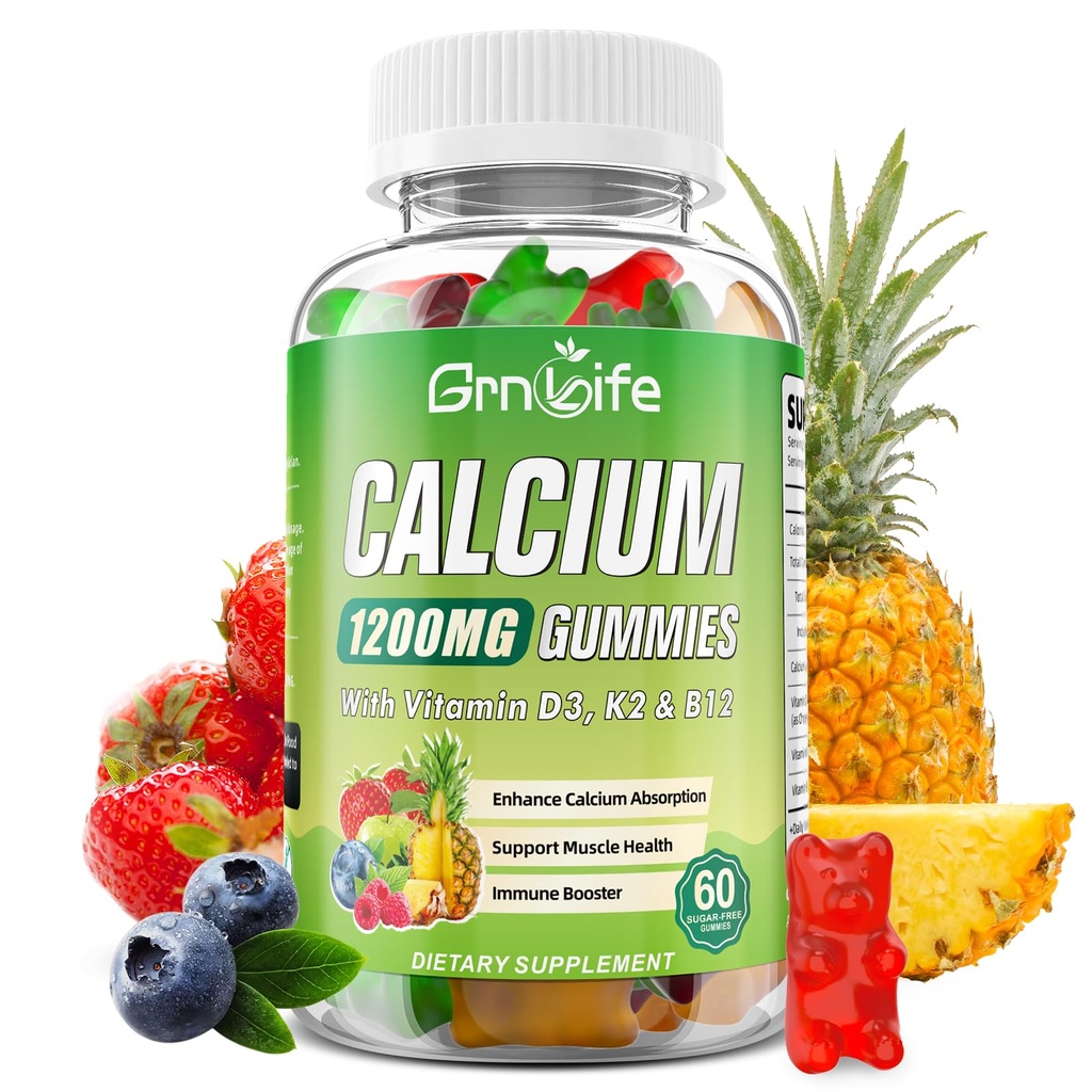 Calcium Citrate 1200mg with Vitamin D3 Supplements Gummies for Women & Men, Calcium Gummies with Vitamin D3 K2 & B12, High Absorption for Muscle & Immune, Mixed Flavors, 60 Count