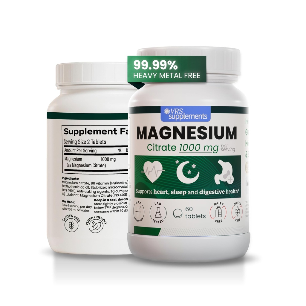 Magnesium Citrate 1000mg Tablets, High Absorption Supplement for Muscle Function, Bone Strength, Nerve Health & Relaxation – Non-GMO, Gluten-Free – Supports Energy & Calmness 60 Tablets