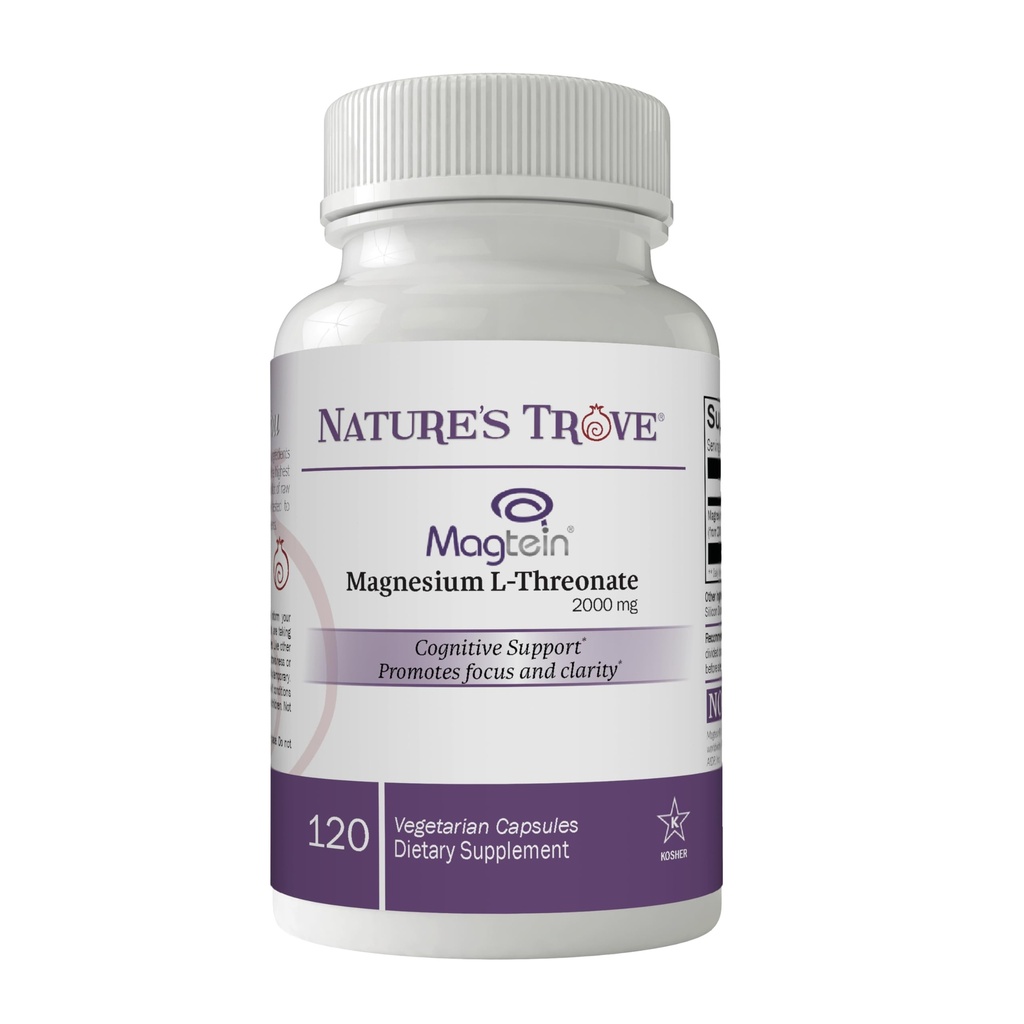 Magtein Magnesium L-Threonate Supplement – 2000 Mg L-Threonate Magnesium Supplement for Sleep, Calm, Memory, & Brain Fog – Non-GMO Magtein – 120 Vegetarian Capsules by Nature's Trove