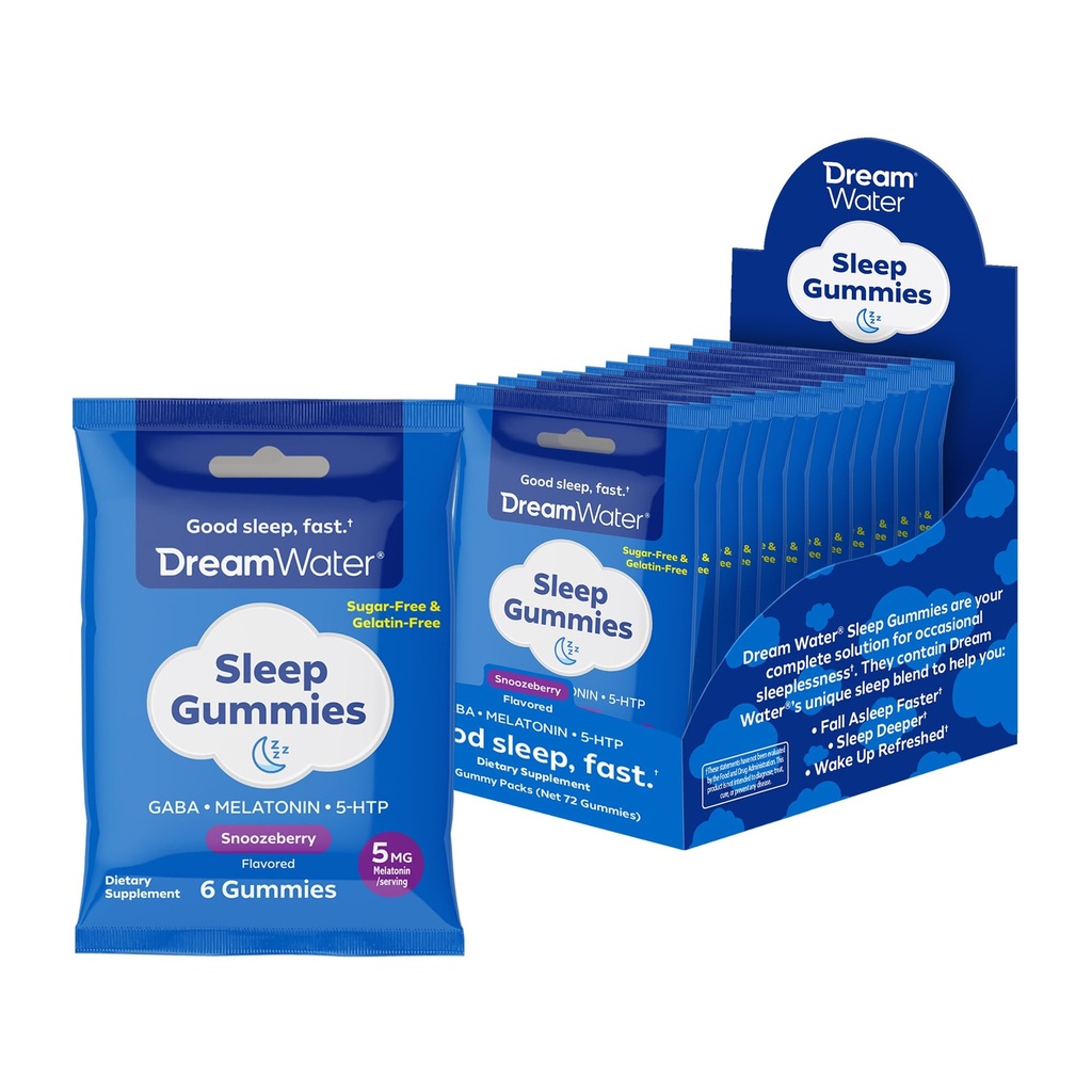 Dream Water Sleep Aid Melatonin Gummies with GABA & 5-HTP; Naturally Flavored Sleep Gummies, Snoozeberry Flavor - 6ct Pouches x 12pack
