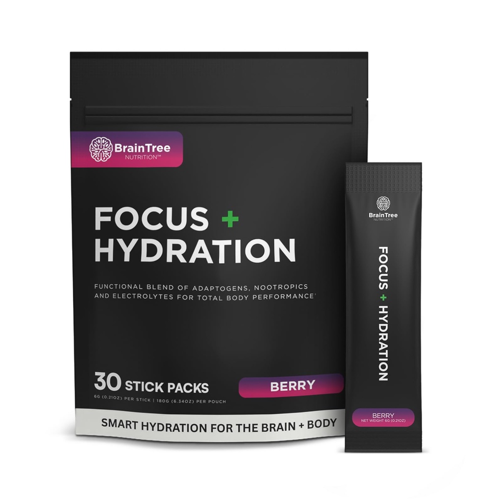 BrainTree Nutrition - Focus + Hydration - Electrolyte Drink Mix - Total Body Hydration - Supports Cognitive Function, Energy & Muscle Recovery - Sugar Free - Berry - 30 Stick Packs