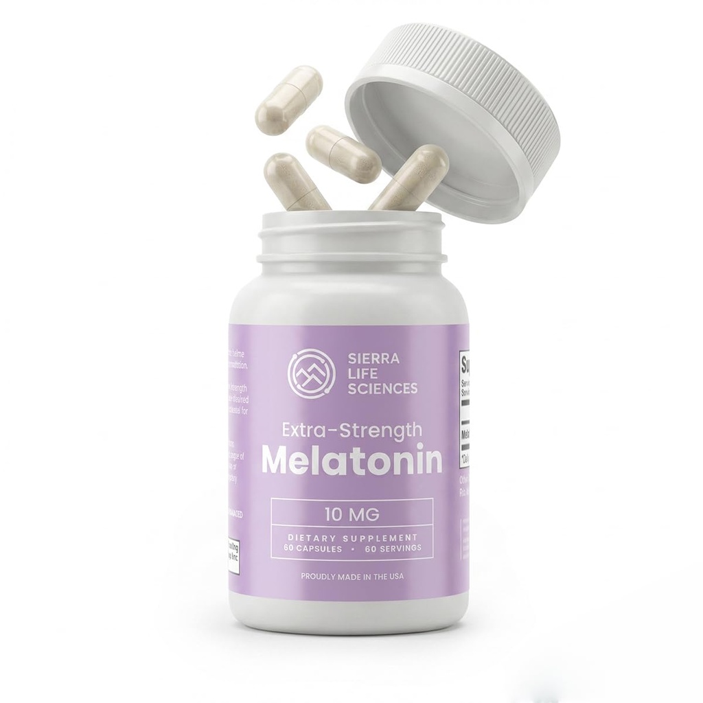 10 mg High Dosage Melatonin Supplement - Extra Strength High Potency Sleep Support, Vegan Non-GMO, Made in USA, Easy-to-Swallow Capsules 60 Count (60 Servings)