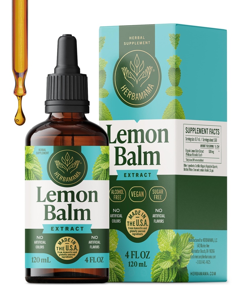 HERBAMAMA Lemon Balm Tincture - Vegan Relaxation Support with Lemon Balm Extract - Melissa Officinalis Liquid Supplement Drops - Non-GMO, Alcohol & Sugar-Free - 56-Day Supply