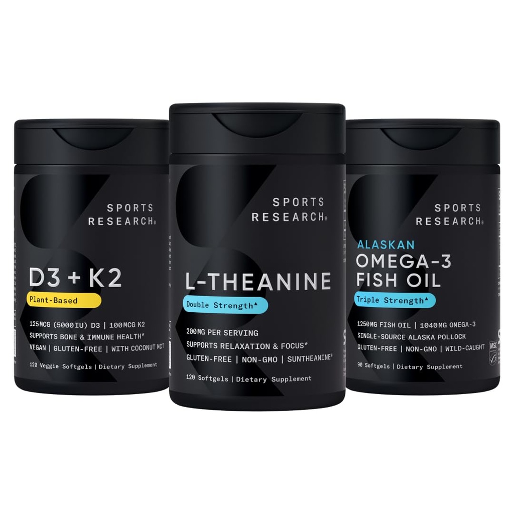 Sports Research® Multivitamin Pack - L-Theanine 200mg w/Suntheanine®, Vitamin D3 5000iu + K2 100mcg, and Alaskan Omega-3 Fish Oil 1250mg