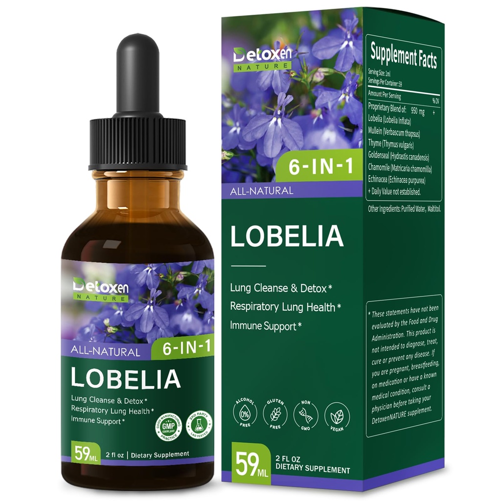 Organic Lobelia Tincture for Lung Cleanse & Detox, Respiratory Lung Health Support with Mullein Thyme Extract. Health Herbal Supplements for Immune Support with Goldenseal Chamomile. 2oz