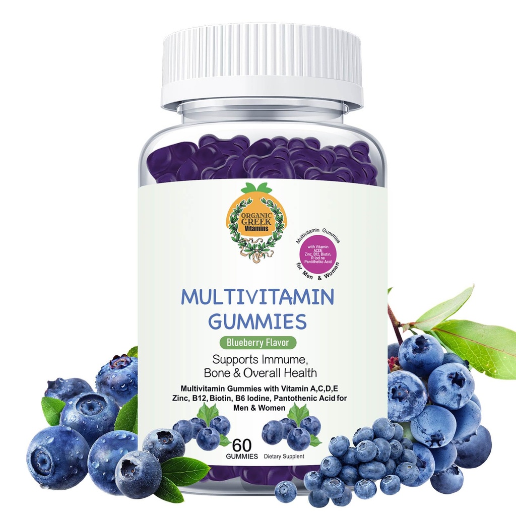 Organic Greek® Multivitamin Gummies with Vitamin A, C, D, E, Zinc, B12, Biotin, B6, Iodine, Pantothenic Acid for Men & Women with 13 Vitamins and Minerals Blueberry Flavor