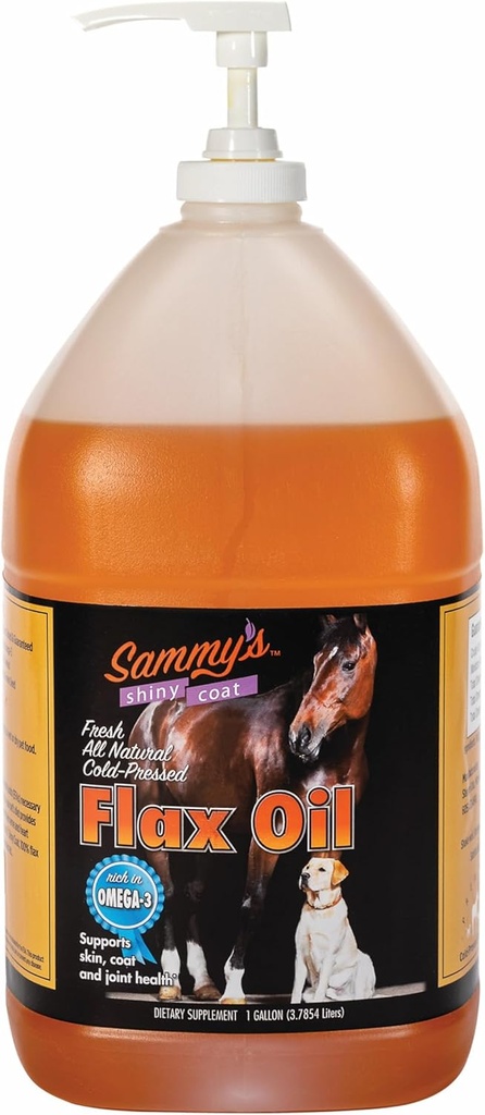 Sammy's Shiny Coat Vlasolie voor paarden, Pure Vlaszaadolie voor paarden, rijk aan Omega-3 vetzuren, Vlasolie Horse Supplement voor huid en jas, Immune, Cardio en gezamenlijke ondersteuning, 1 Gallon met vrije pomp
