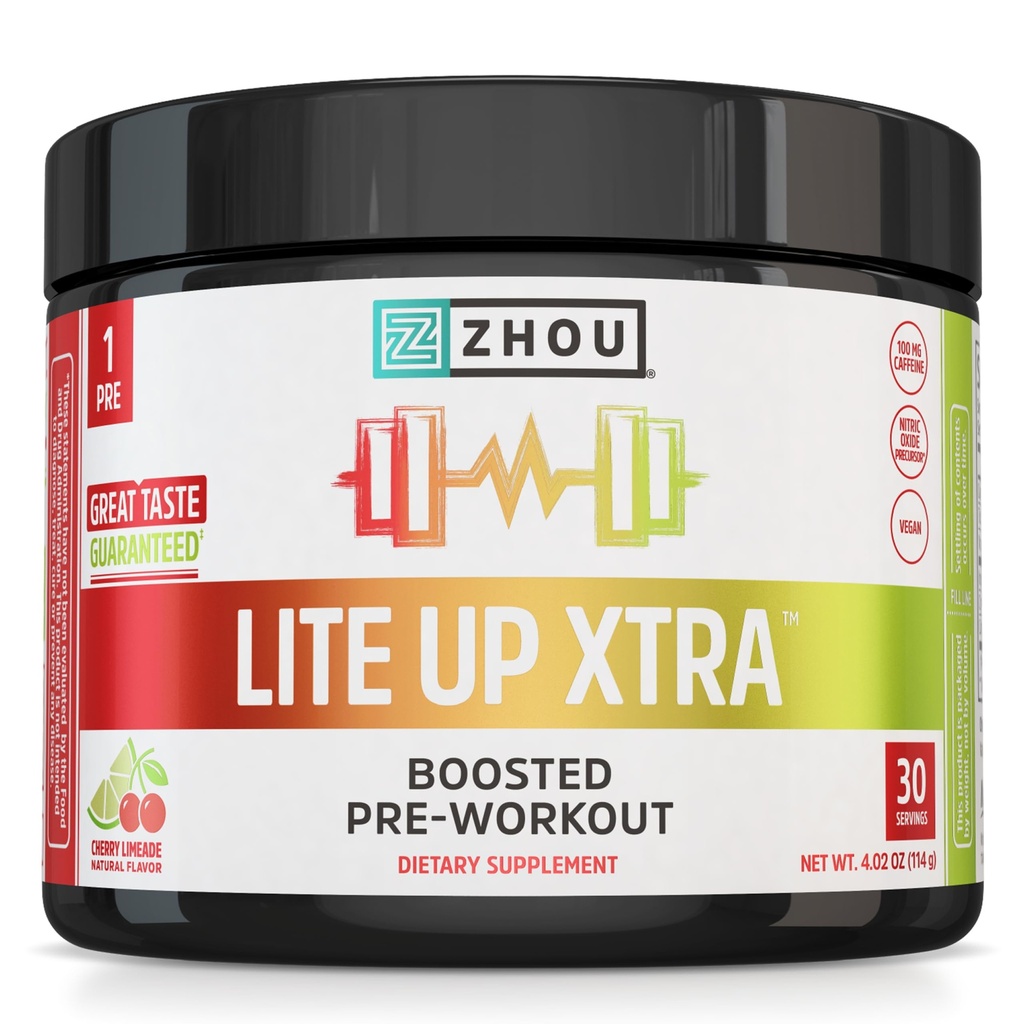 ZHOU Lite Up Xtra - Sugar Free Pre Workout Powder for Women & Men, Preworkout Supplement with Caffeine for Clean Energy, Amino Acid Support, Hydrate & Focus, Plant Based - Cherry Limeade, 16 oz Jar
