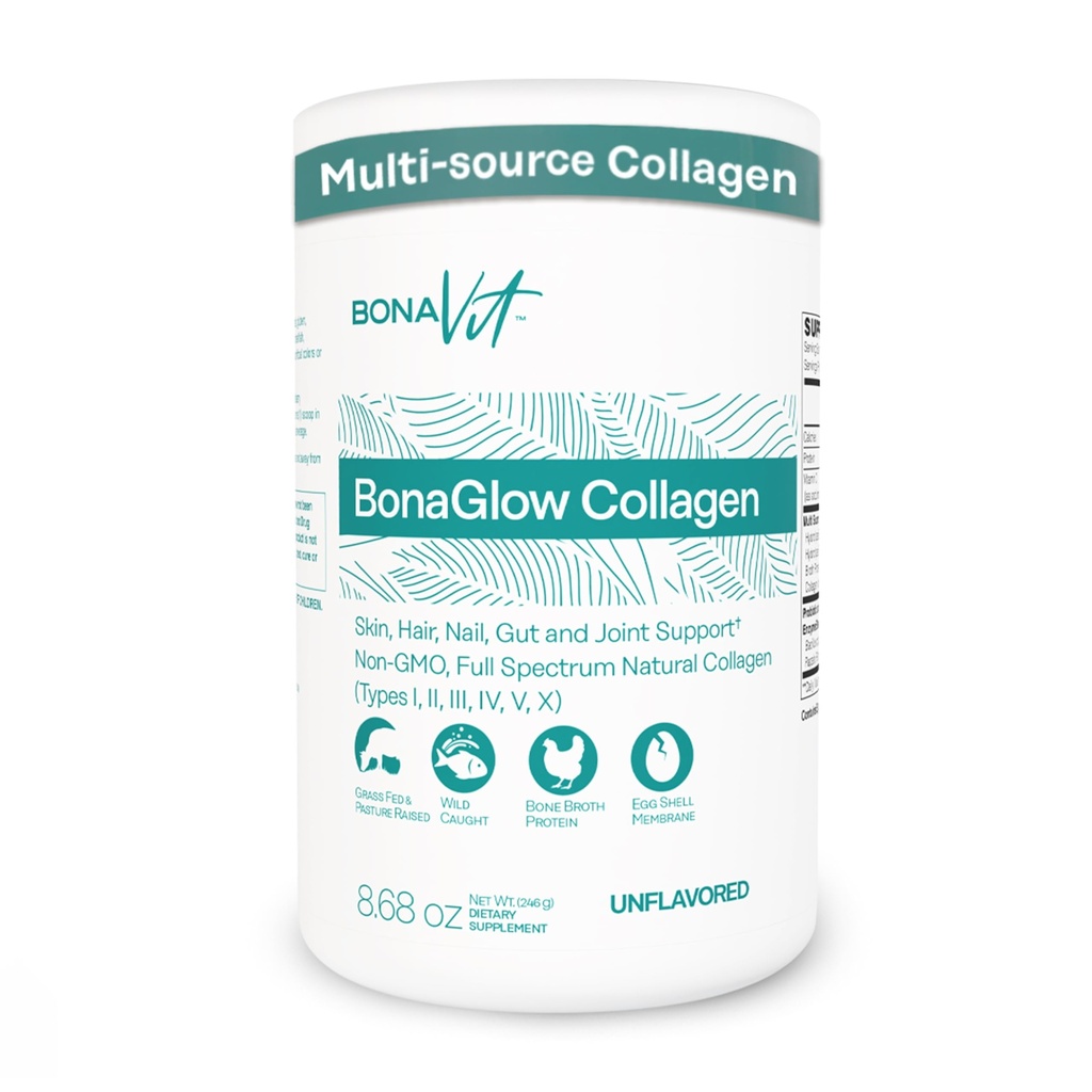 Multi Collagen Peptides Powder - Hydrolyzed 6-Type Collagen from 4 Sources with Vitamin C, Probiotics & Digestive Enzymes - Dr. Formulated - Non-GMO - BonaGlow Unflavored