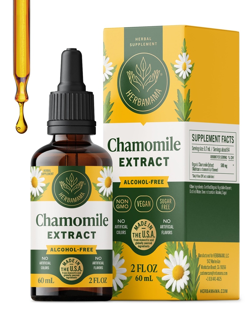 HERBAMAMA Chamomile Tincture - Vegan Relaxation & Calm Support with Chamomile Flower Extract Drops - Non-GMO, Alcohol & Sugar-Free Liquid Calming Supplement, 28-Day Supply
