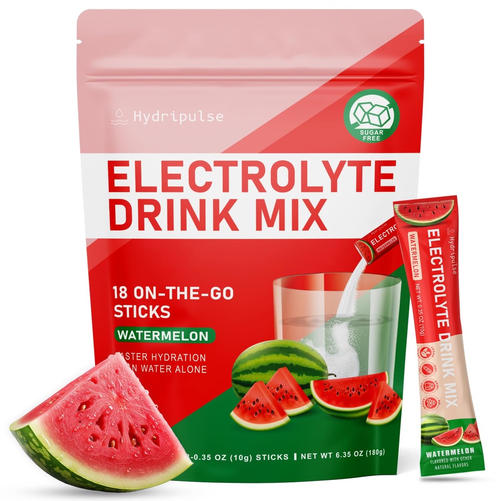 Elektrolyten Poeder Pakjes - Suikervrij, Natuurlijk Gearomatiseerd, 10 Electrolyte & Vitamines Electrolyte Drink Mix - Watermeloen Smaken, Keto Vriendelijk, Veganistisch, Niet-GMO, 18 Packets