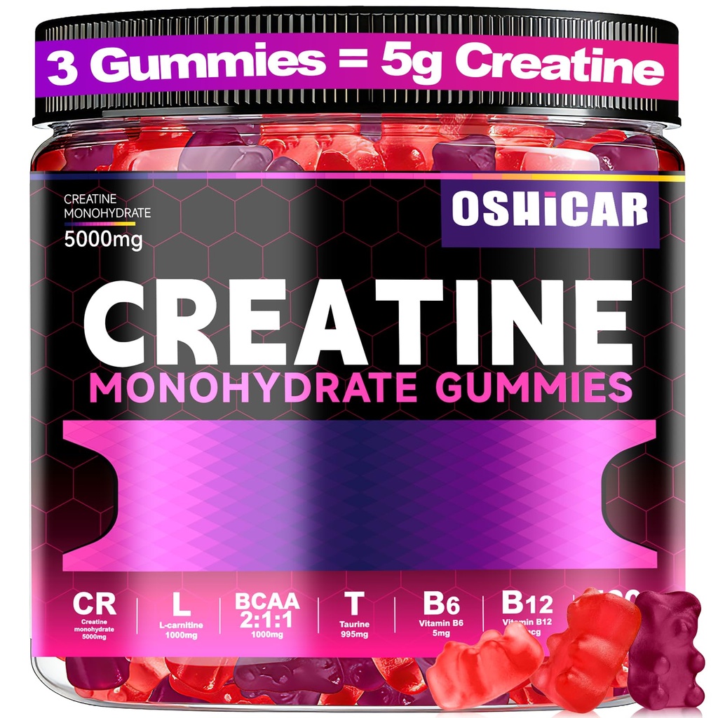 OSHICAR Creatine Gummies for Women, 3 Gummies = 5g Creatine Monohydrate with L-Carnitine, BCAA, Taurine – Sugar Free, Vegan Pectin Based, Natural Color – Support Glute&Muscle Strength & Recovery