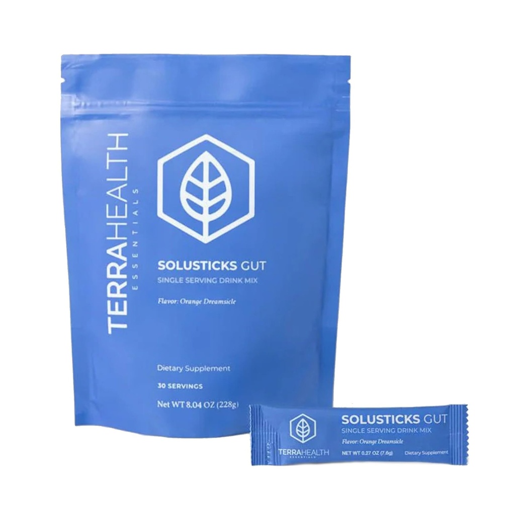 Terra Health Essentials Solusticks Gut - Leaky Gut Supplement - Complete Stomach Lining Repair, Digestive Support & Muscle Recovery - Slippery Elm, Licorice, L Glutamine Powder - Orange, 30 Sticks