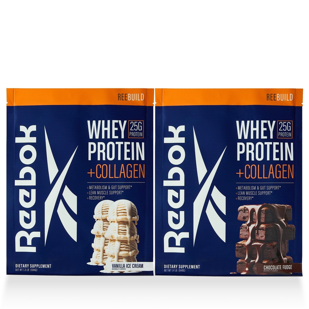 Reebok REEbuild Whey Protein + Collagen Bundle | Vanilla Ice Cream & Chocolate Fudge | 25G Protein, Joint Health | Complete Protein System | Multi-Flavor Bundle