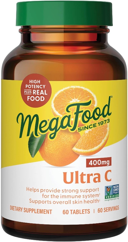 MegaFood Ultra C 400 mg - Vegan Immune Support Supplement met vitamine C, Gemaakt met Real Food Inclusief Broccoli, Wortel, Cranberry & Bruine Rijst, Glutenvrij, Kosher - 60 tabletten, 60 porties