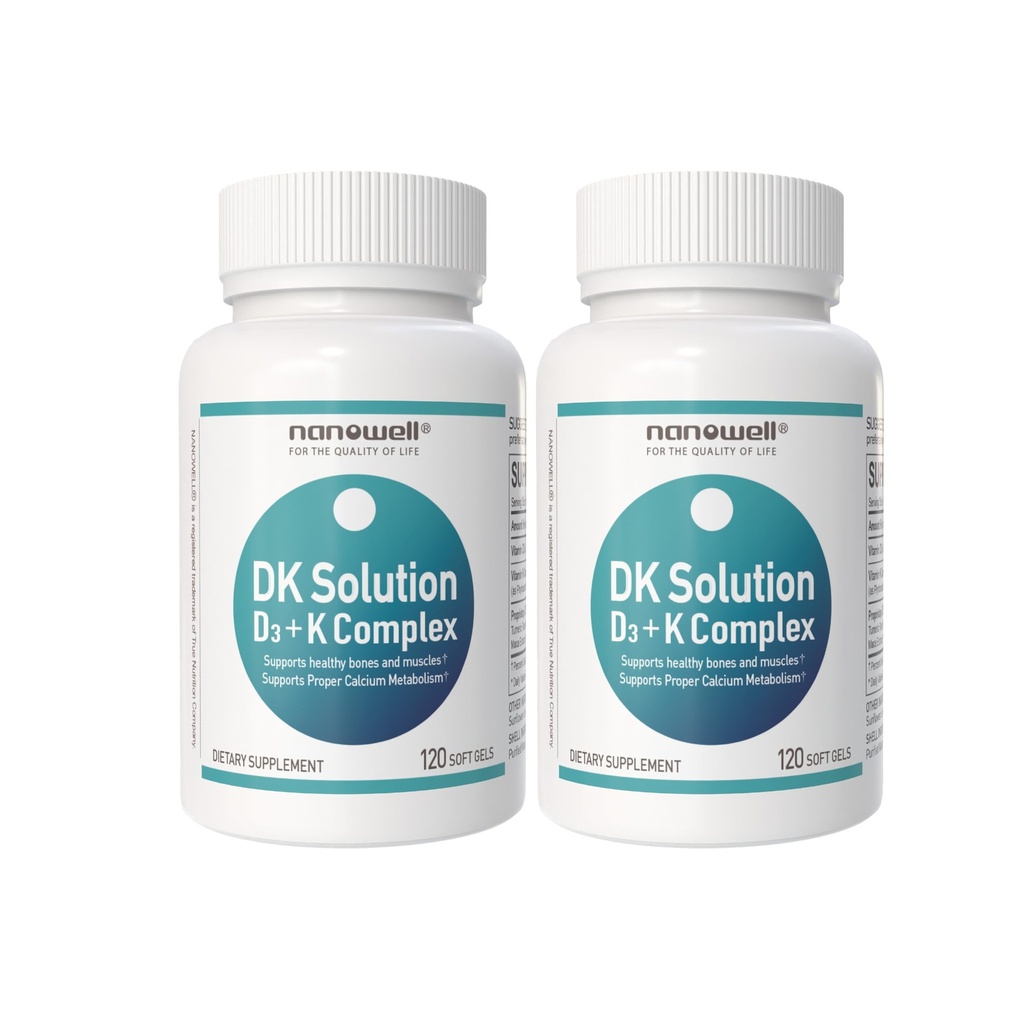 NANOWELL DK Solution 120 Softgels X 2 Bottles (Vitamin D3 + K Complex) - Dietary Supplement for Bone, Teeth and Muscle Health, Immune Support (240 Count)