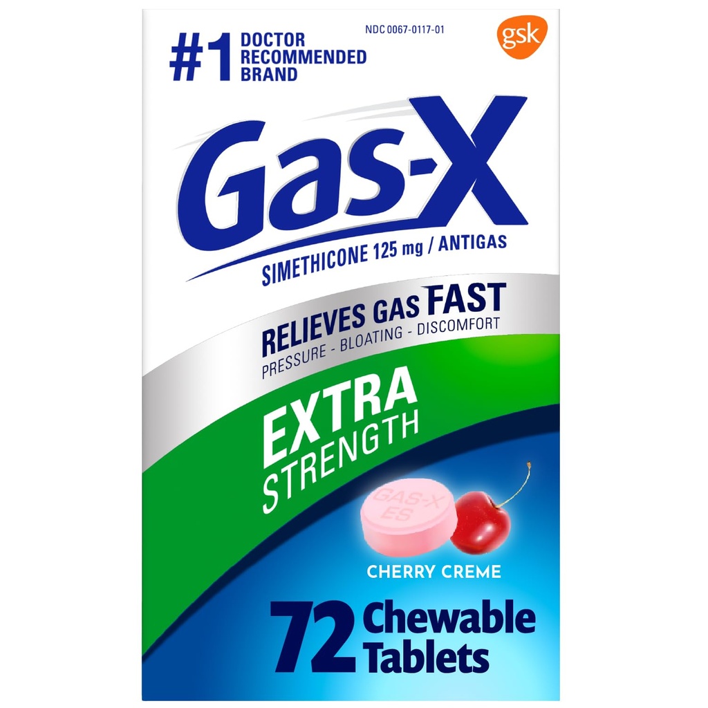 Gas-X Extra sterkte Kauwbare gasrelief Tablets met Simethicone 125 mg voor opblaashulp, Cherry - 72 Tel.