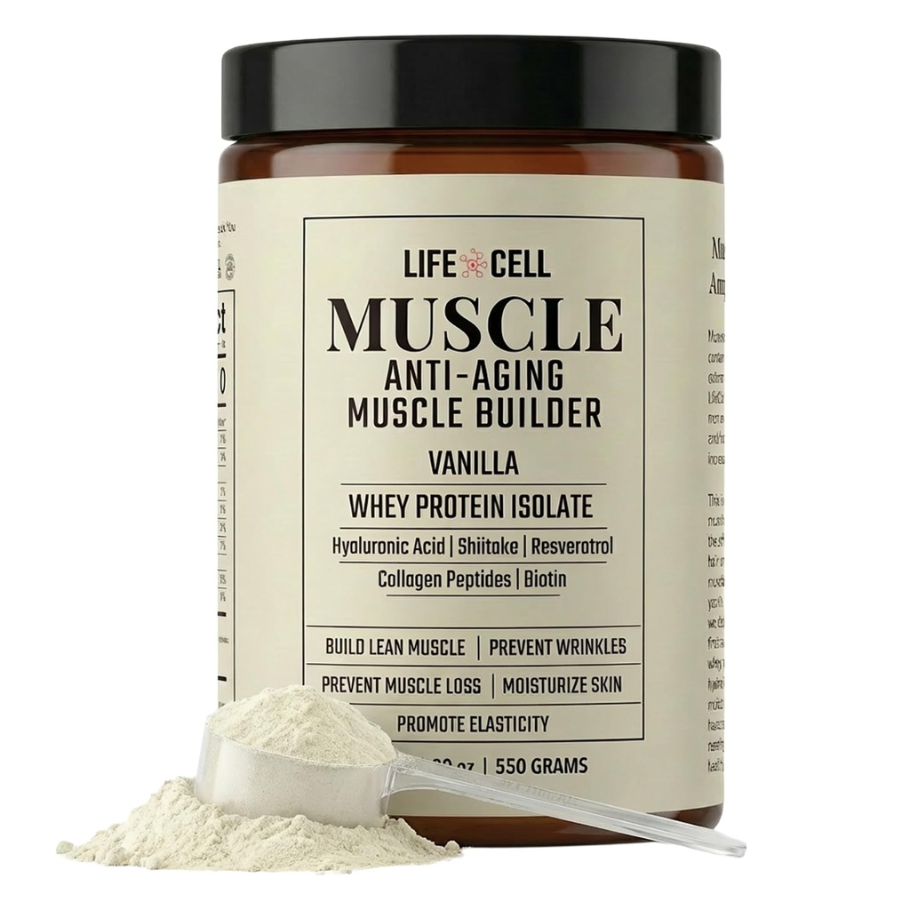 LifeCell Whey Protein – Anti-Aging Muscle Builder with Shiitake Mushroom, Collagen & Hyaluronic Acid – Vanilla, No Sugar Added, Soy-Free, Gluten-Free, 550g