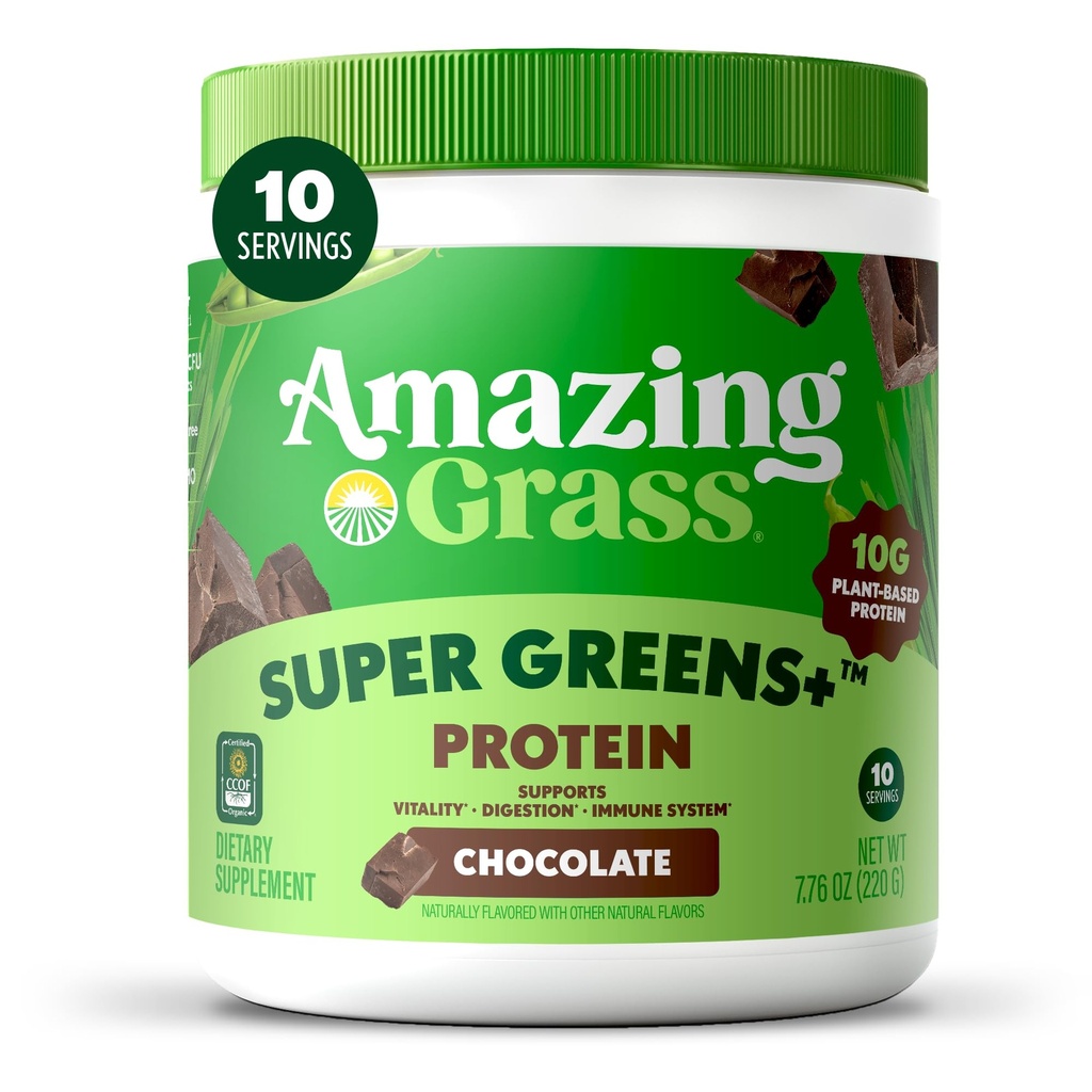Amazing Grass Super Greens+ Protein Powder, Chocolate – 10g Plant-Based Protein, Supports Digestion & Immune System, Organic Greens Blend, 10 Servings