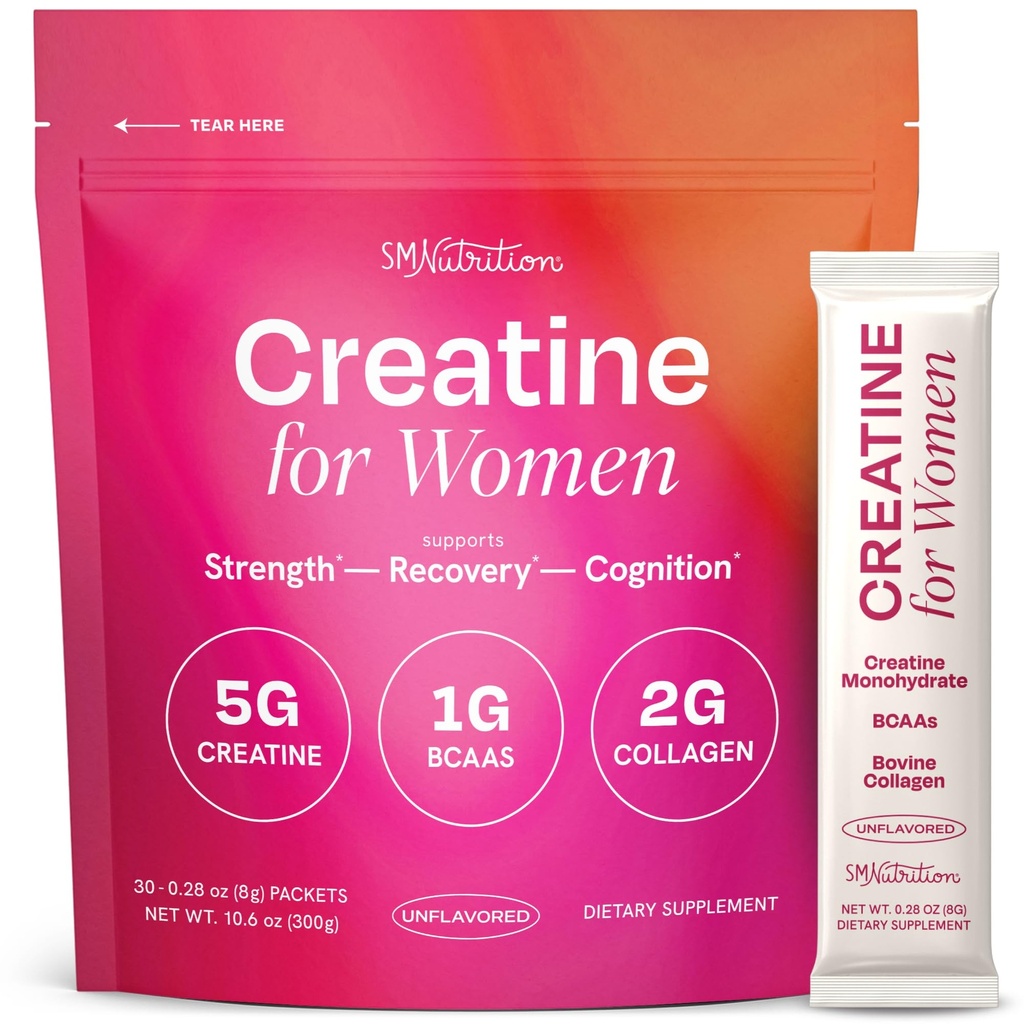 Creatine for Women with Collagen Peptides | Stick Packs | Strength, Cognitive Health, Glow & Recovery Support | Creatine Monohydrate Powder 5g + Collagen Powder 2g + BCAAs 1g | Unflavored | 30 Ct