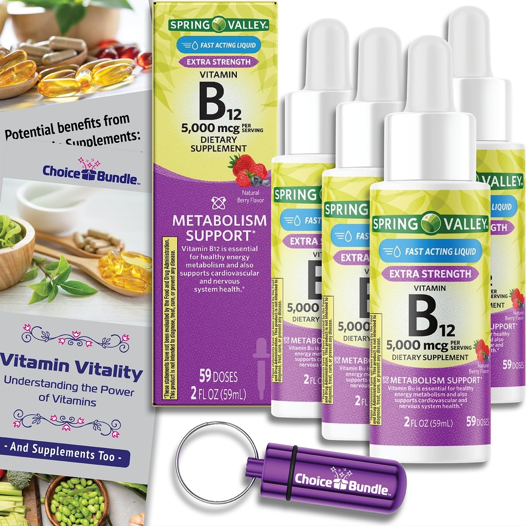 Choice Bundle Spring Valley Liquid Vitamin B12 5000 mcg Metabolism Dietary Supplement Berry 2 fl oz 4 pk (8 oz Total) + Vitamin Guide and Pill Container (6 Items)!