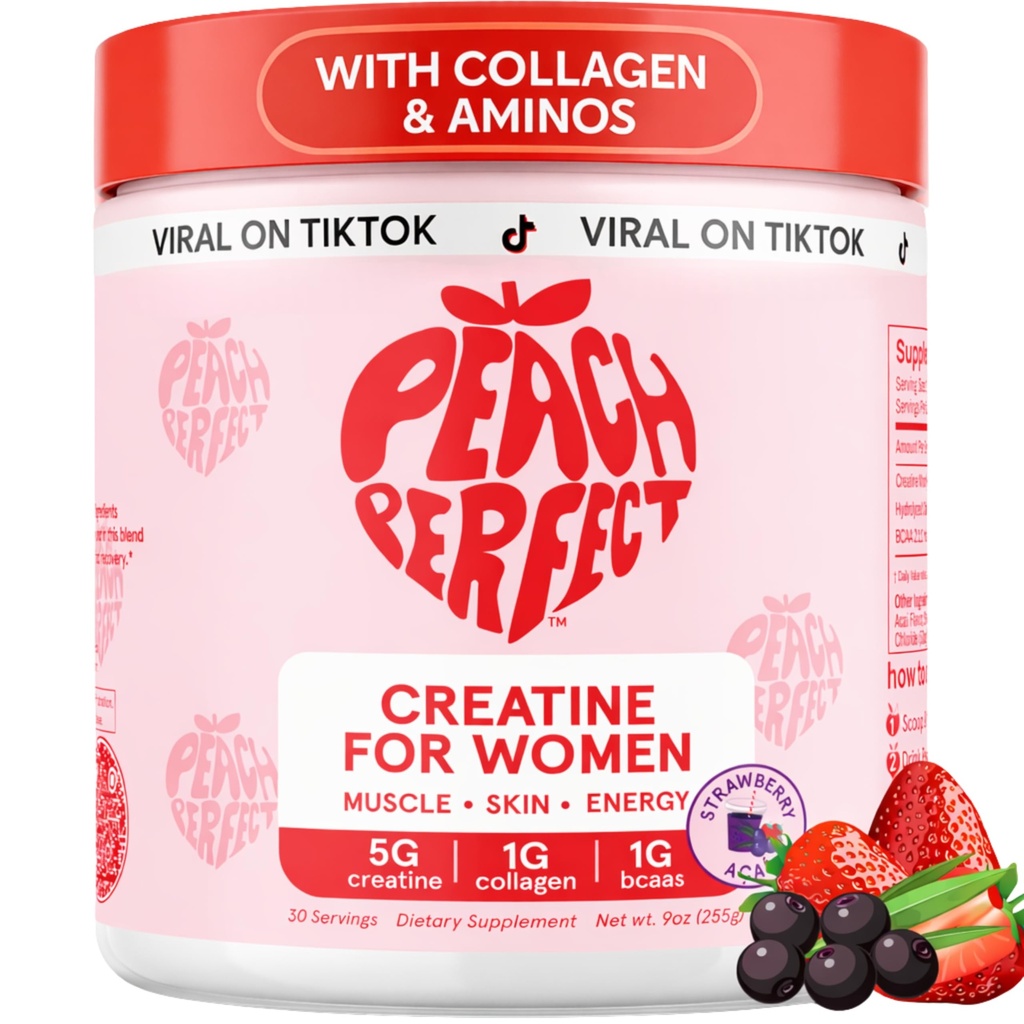 Peach Perfect Creatine for Women – Micronized Creatine Monohydrate Powder with BCAA & Collagen for Glute Strength Support, Boost Energy, Focus, Strength, and Endurance – Strawberry Acai, 30 Servings