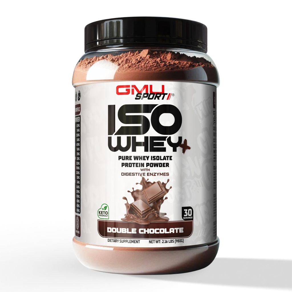 GMU SPORT 100% Whey Protein Isolate Powder - 2LB Whey Isolate Protein Powder for Men and Women - Protein Powder with Collagen, BCAAs & Digestive Enzymes, 30 Servings - Double Chocolate
