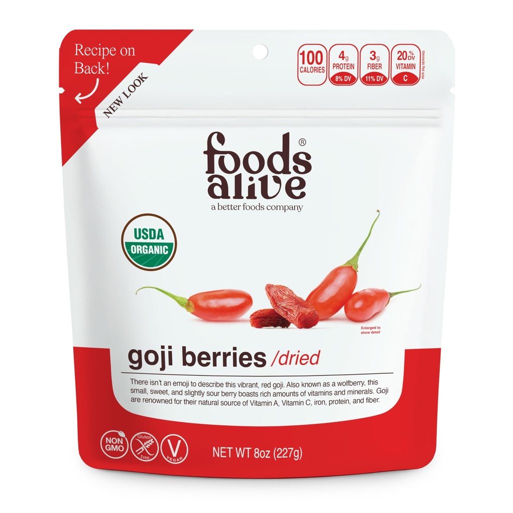 Foods Alive Organic Goji Berries, Baked Goods, Oatmeal & More – Vitamin A, Antioxidants, Fiber - Wolfberries, Non-GMO, Plant Based, Gluten Free, Vegan, Great snack or add to trail mixes - 8 Ounce Bag