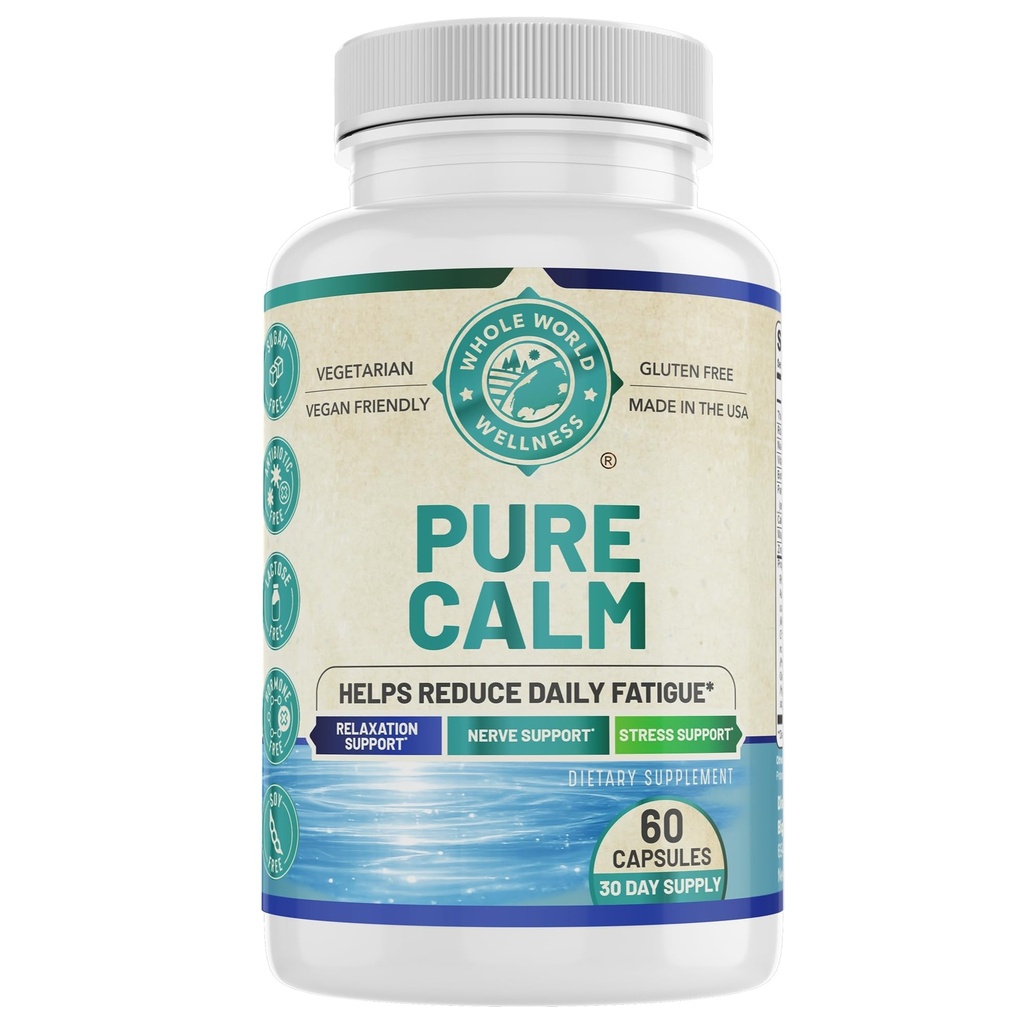Pure Calm for Adults | Support Relaxation & Reduce Daily Fatigue | Biotin, Thiamine, Magnesium | Soy Free, Glutenm Free, Vegetarian | 60 Capsules | Made in The USA.