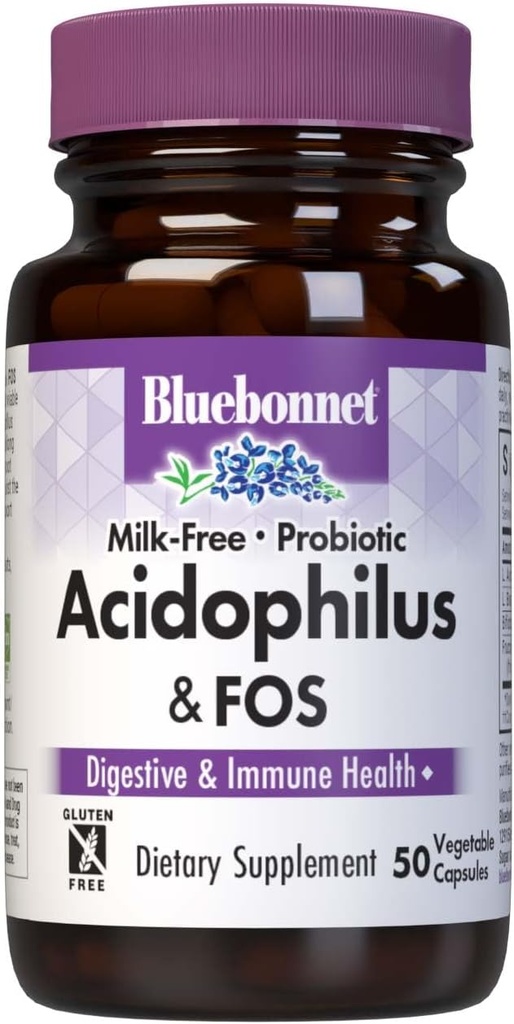 Bluebonnet Nutrition Milk-Free Probiotic Acidophilus & FOS, Digestive Health*, Immune Health*, Glutenvrij, Soy-Free, Dairy-Free, 50 plantaardige capsules, 50 porties