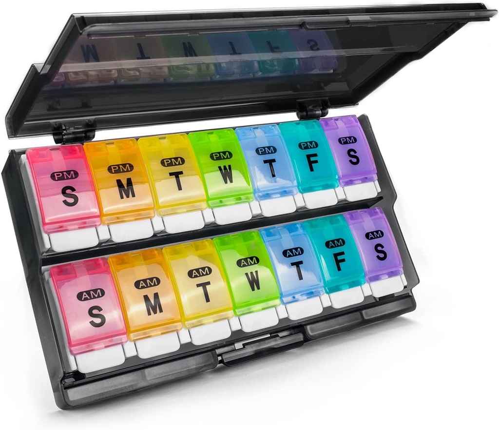 Extra Large Weekly Pill Organizer 2 keer per dag - Remtise Am / Pm Daily Pill Case Medicine Organizer, Push Knop 7 dagen pil Box voor pillen / Vitamin / Cod Leverolie / aanvullingen (Rainbow)