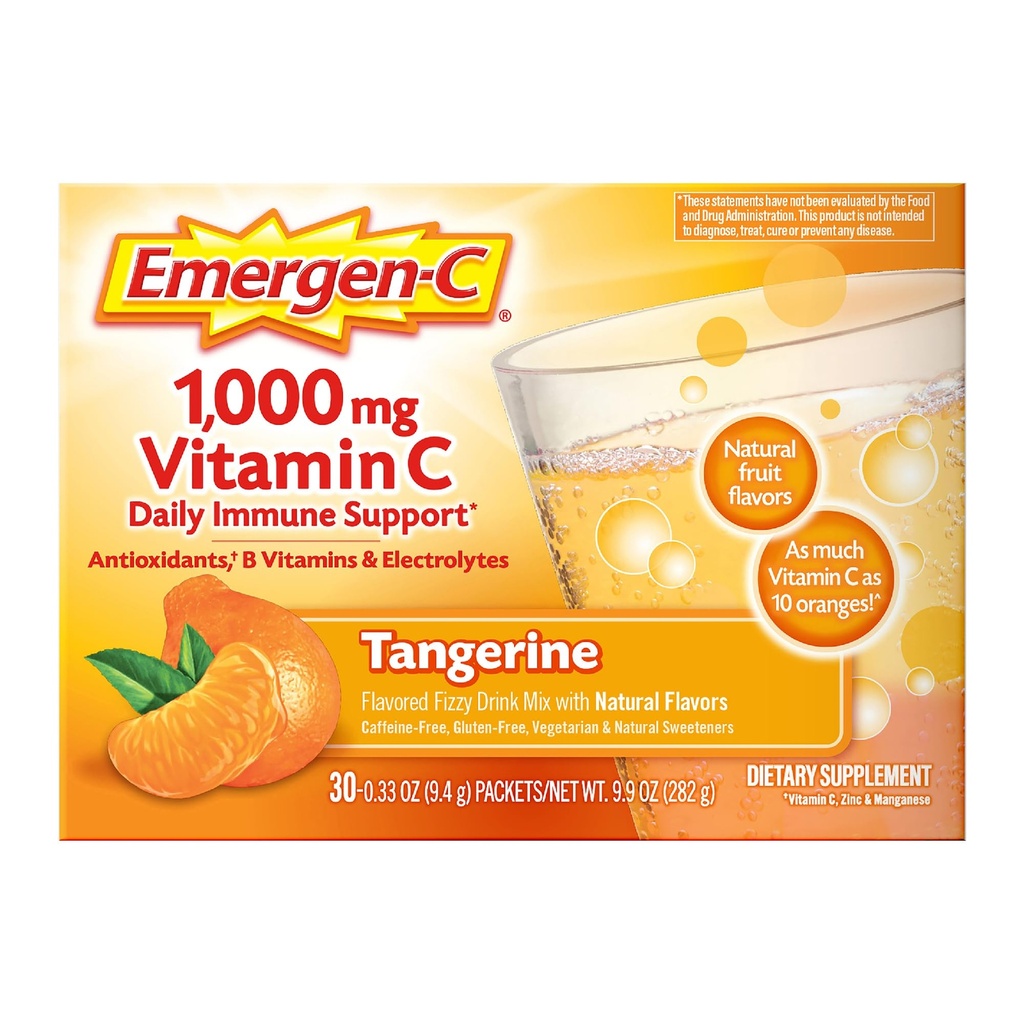 Emergen-C 1000mg Vitamine C Immune Support Poeder Tangerine 30CT bevat zink, Mangaan, 7 B Vitaminen en Elektrolyten voor Back to School Essentials