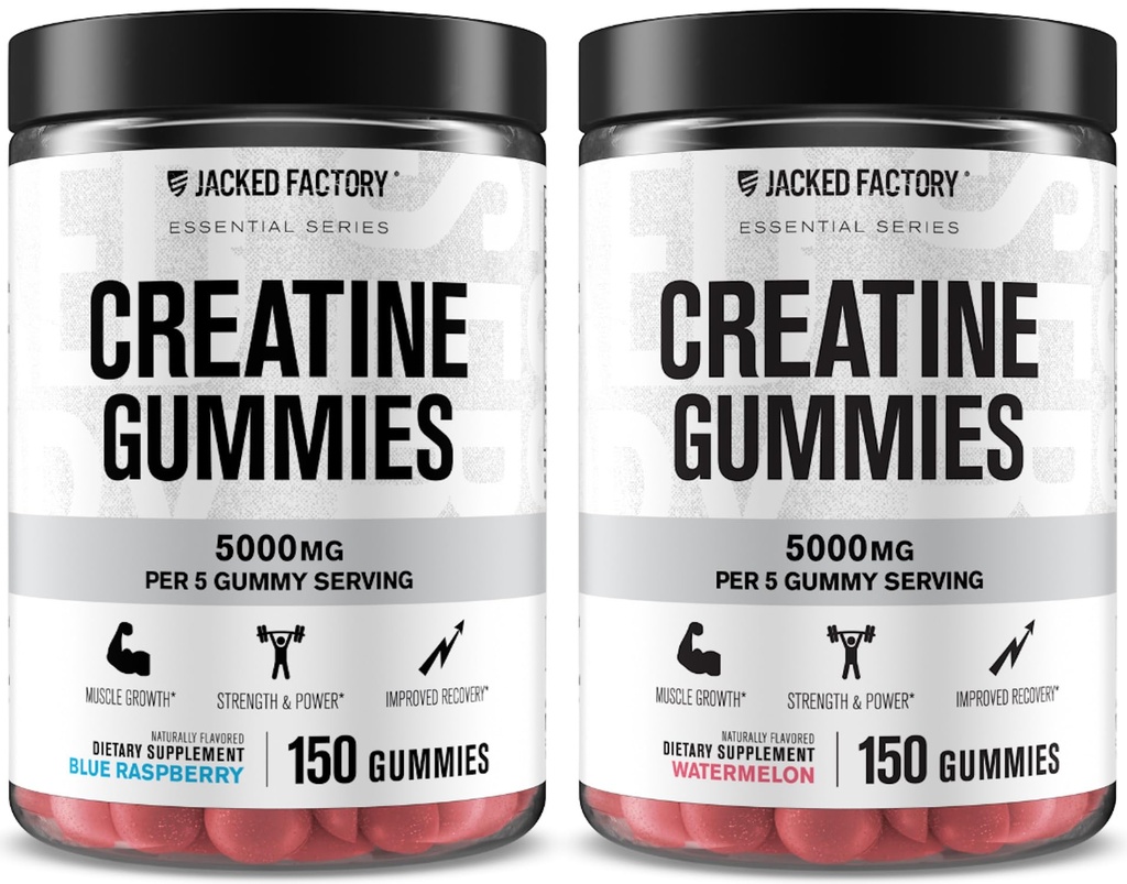 Jacked Factory Creatine Monohydrate Gummies 5g Daily Dose - Creatine Gummy for Men and Women, Vegan-Friendly, Travel-Friendly, Third-Party Tested - 150 Gummies, Blue Raspberry & Watermelon