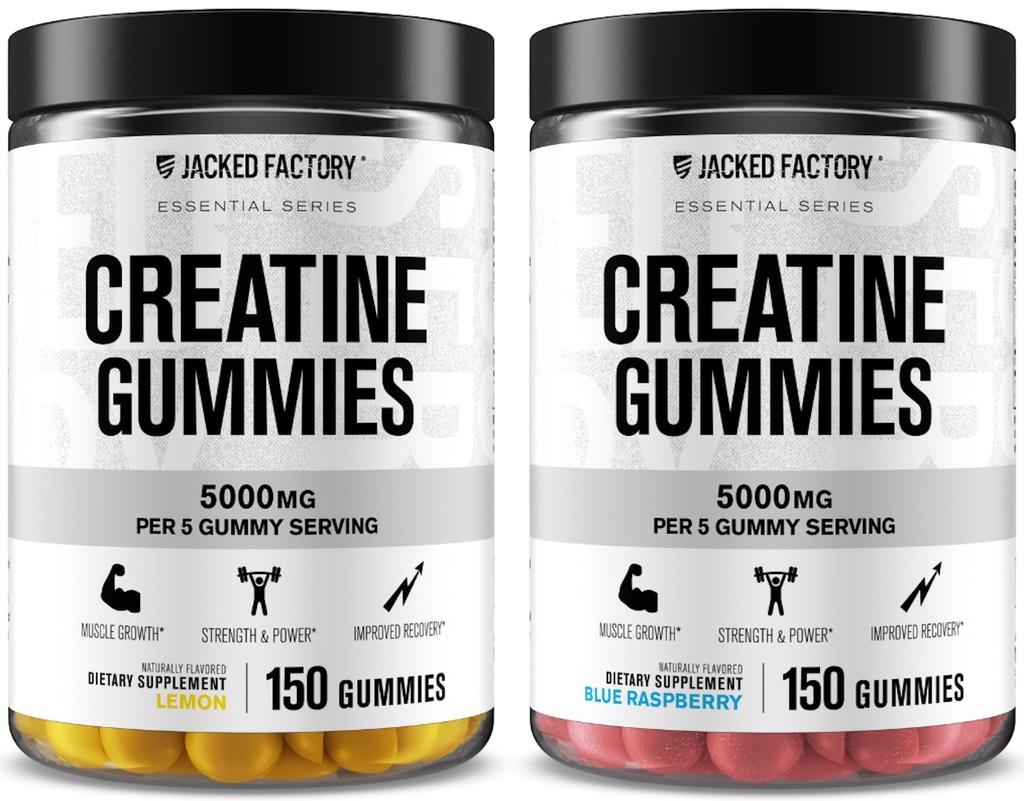 Jacked Factory Creatine Monohydrate Gummies 5g Daily Dose (1g per Gummy) - Creatine Gummy for Men and Women, Vegan-Friendly, Travel-Friendly, Third-Party Tested - 150 Gummies, Blue Raspberry & Lemon