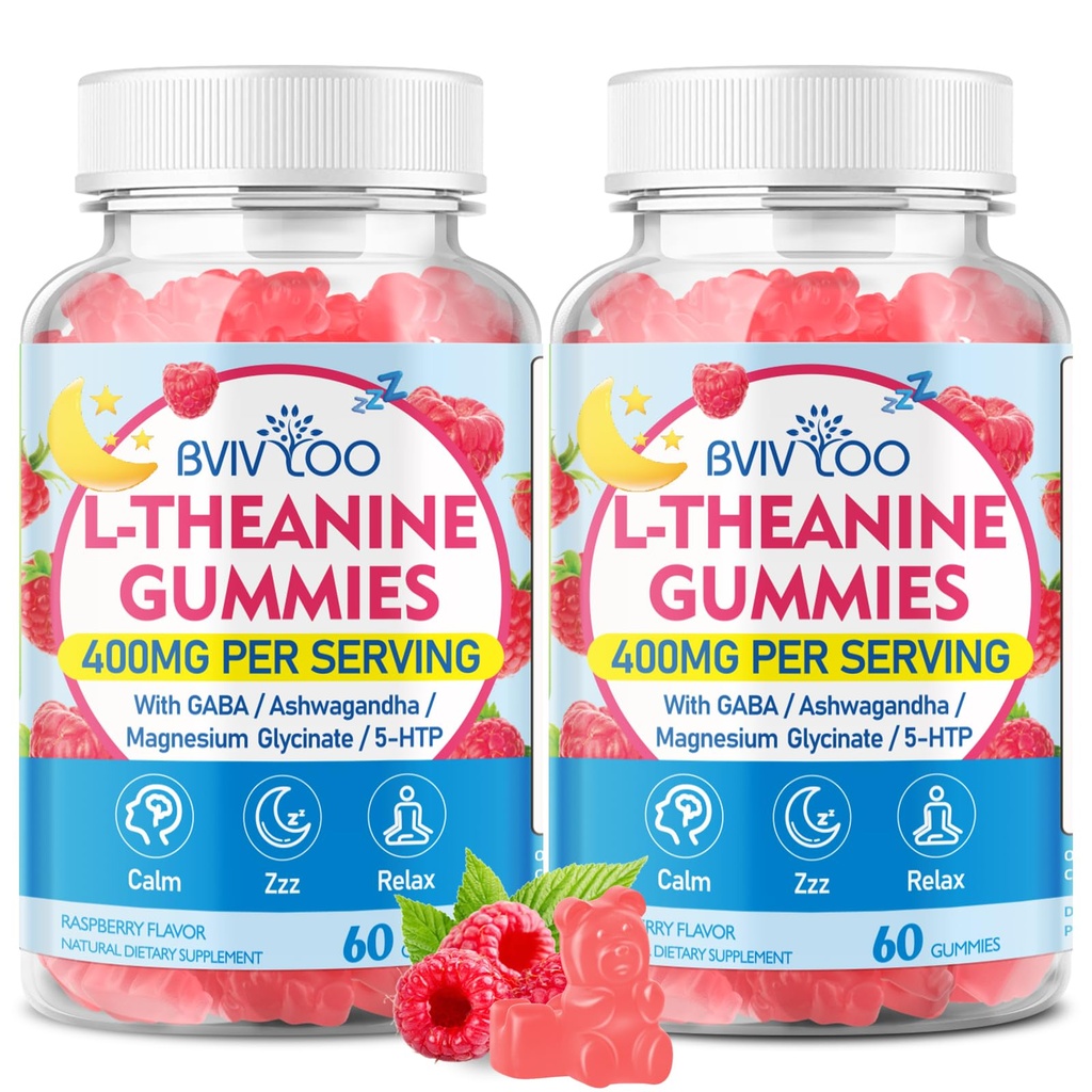 L-Theanine Gummies with L-Theanine 400 mg, Ashwagandha, GABA, 5-HTP, Magnesium Glycinate for Calm, ZZZ & Relaxation Support - Vegan, Raspberry Flavor, 120 Count