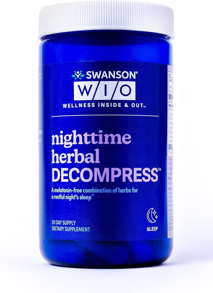 Swanson W/I/O Night time Herbal Decompress - No Melatonin, Chamomile, Valerian Root, Hops, Botanical, Non-Habit, 60 Capsules (30-Day Supply)