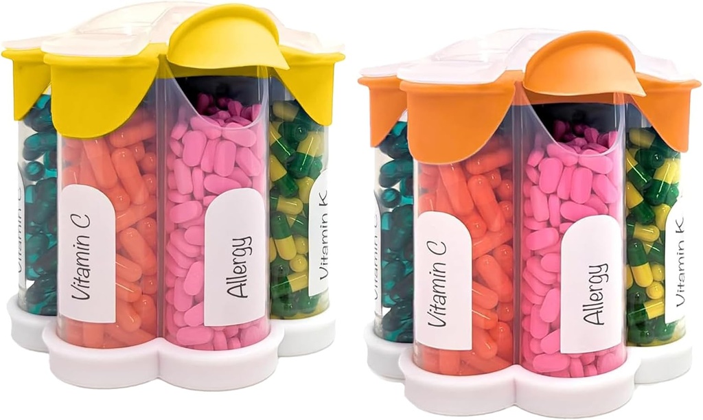 Extra Large Pill Organizer Daily, Weekly, Monthly Supplement Bottle, Cute Blossom Pill Dispenser with 7 XL Compartments (2 Pack Combo) (Orange and Yellow)