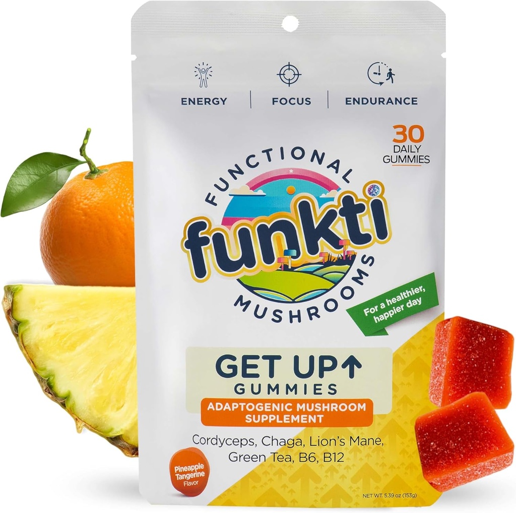 Focus Mushroom Gummies for Adults, Mushrooms Supplement with Cordyceps, Lion’s Mane, Chaga, B6, B12, Green Tea - Get Up Gummies, One Per Day - Max Strength