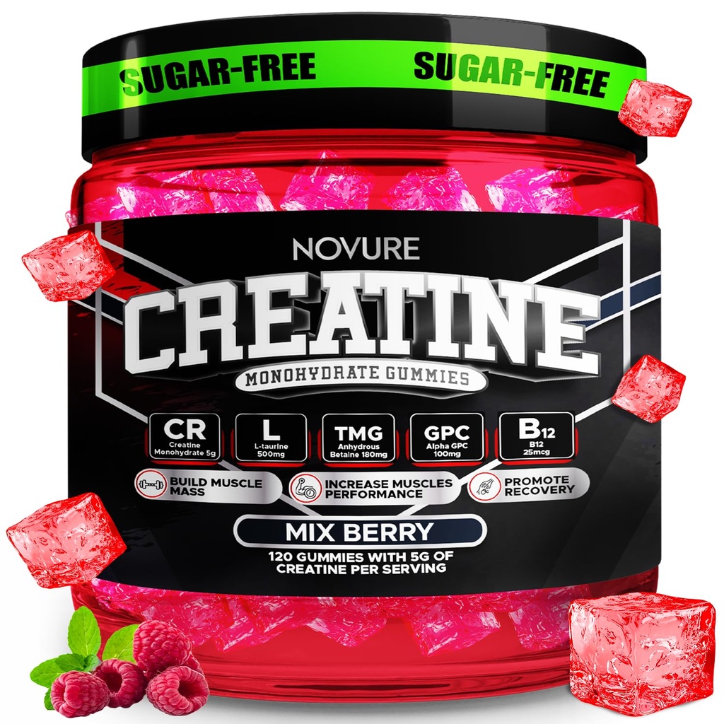 Creatine Monohydrate Gummies 5000mg – Advanced Muscle & Focus Blend with Alpha GPC, B12 & Taurine – Vegan, Sugar-Free, Blueberry & Raspberry Flavors – Made in USA, 120 Gummies (30 Servings)