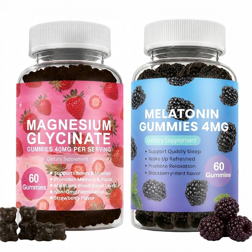 Sleep Gummies for Adults,Melatonin Gummies & Magnesium Glycinate Gummy,Chewable Sleep Supplement,Day & Night Sleep Support Bundle,Non-Habit Forming,60 Count + 60 Count